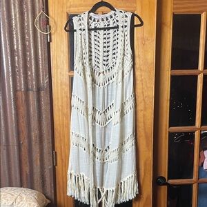 FASHION ON EARTH Boho Cream Crochet Fringe Kimono, Size S